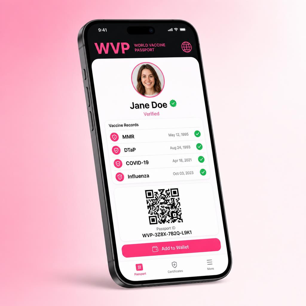 iPhone showing Jane Doe's individual WVP digital vaccine passport with verified records and QR code