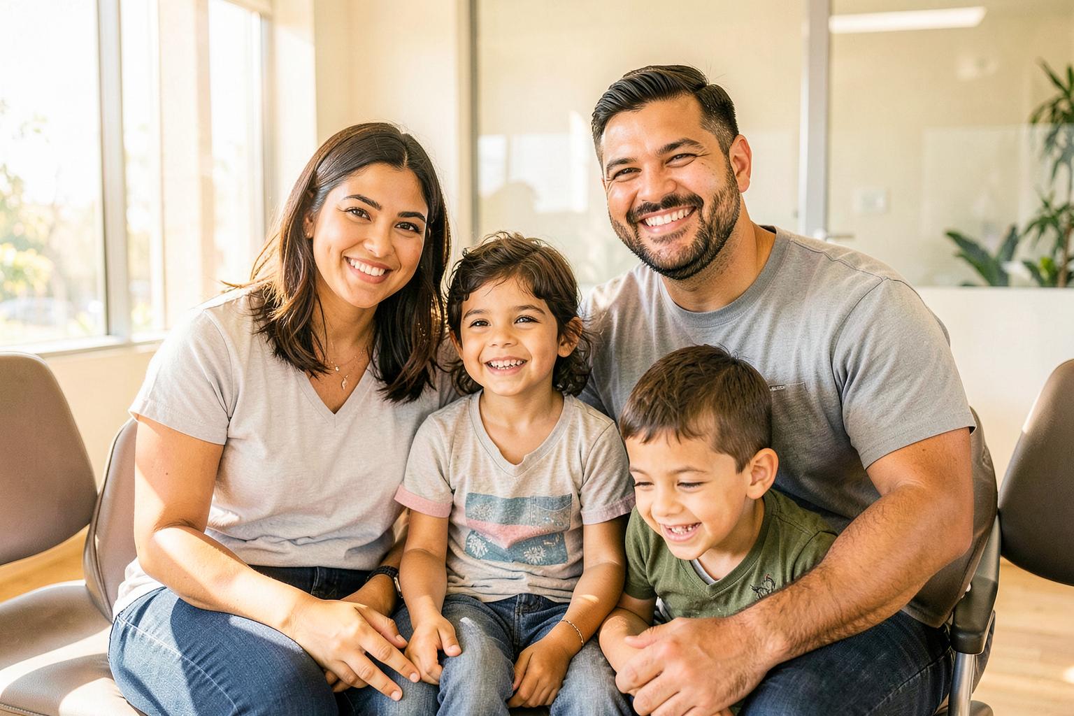 A Latino family of four smiling together in a sunny clinic waiting room