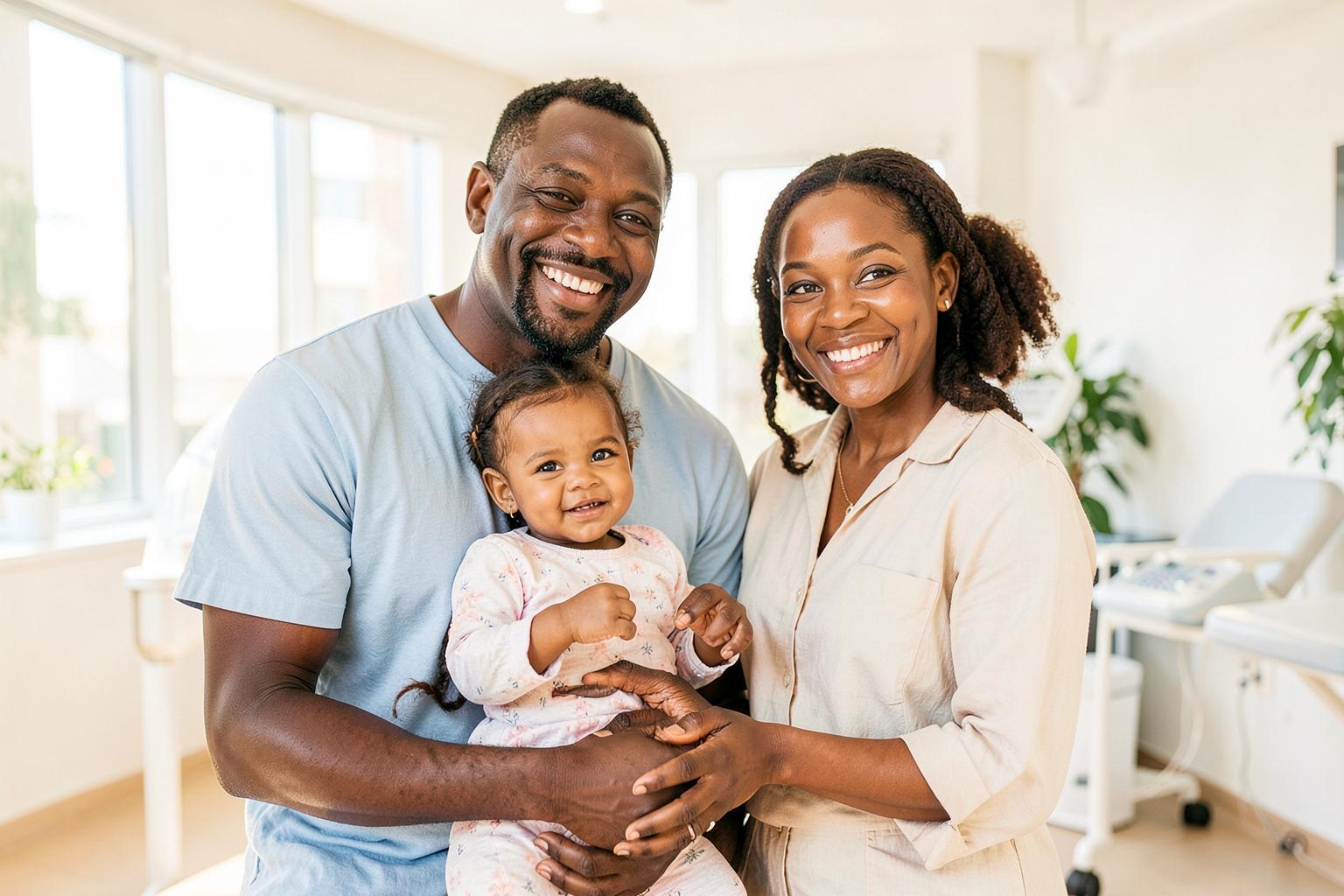 A Black family with their baby daughter smiling in a bright clinic