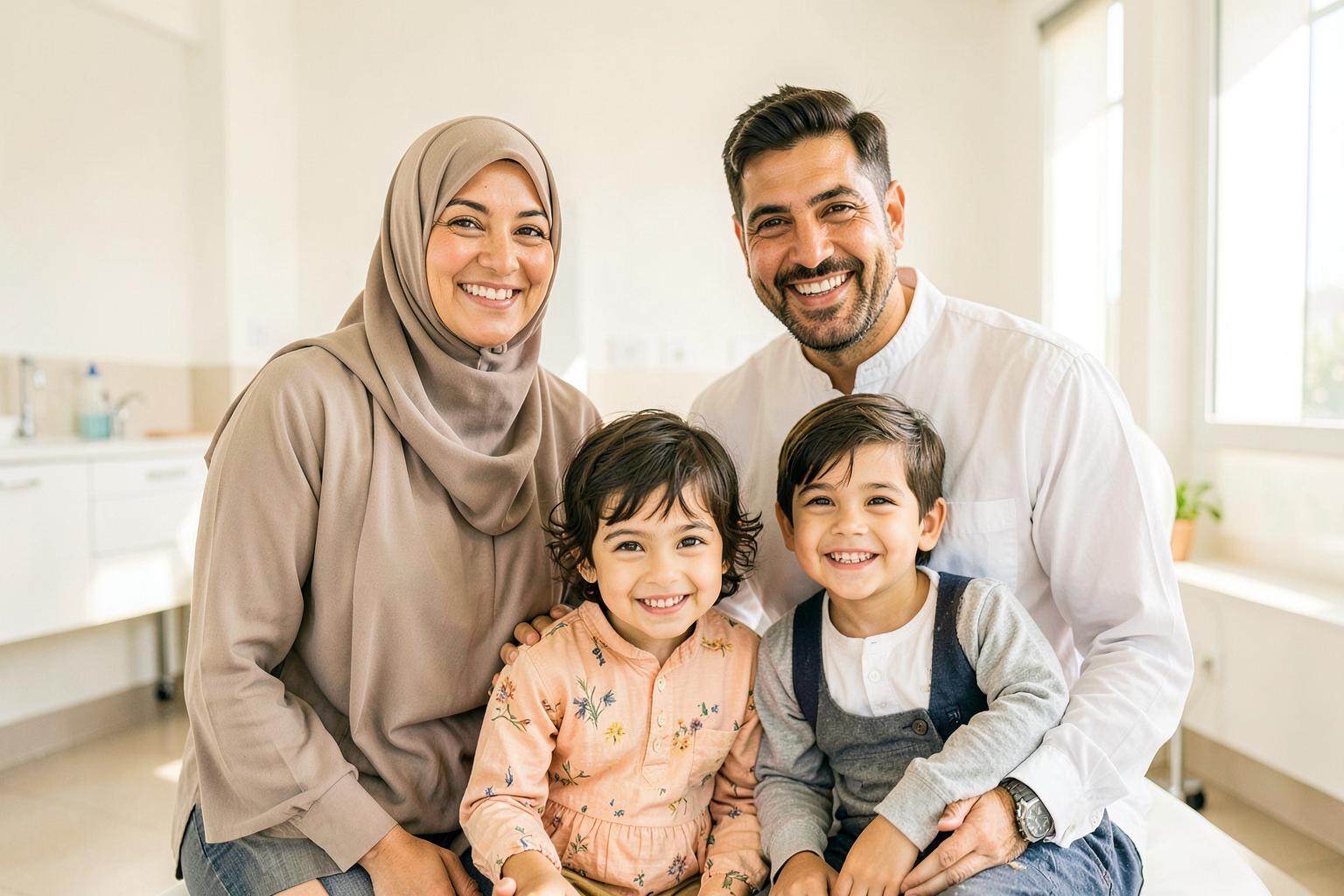 A Middle Eastern family with two young children smiling in a bright clinic