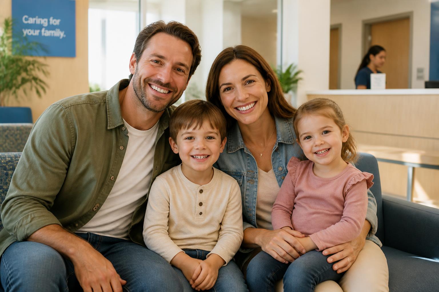 A white family of four with father, mother, son and daughter smiling in a sunny clinic waiting room